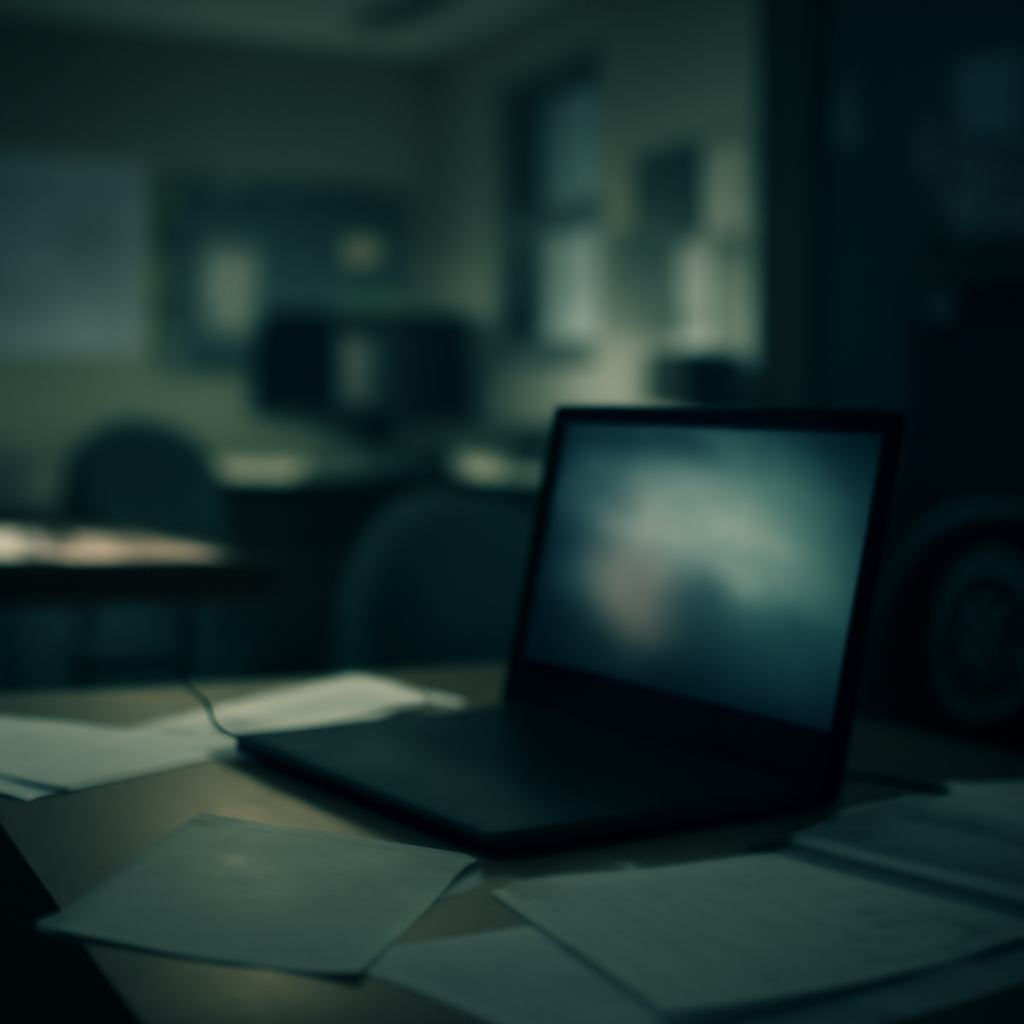 Dimly lit police station interior with scattered papers and a blurred computer screen.