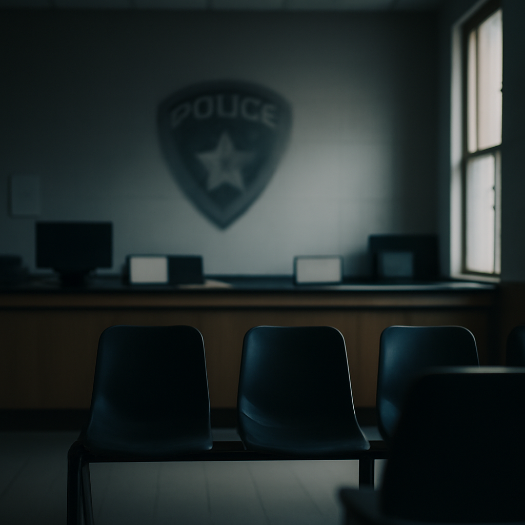 Police station interior with blurred logo, chairs, counter, and window.