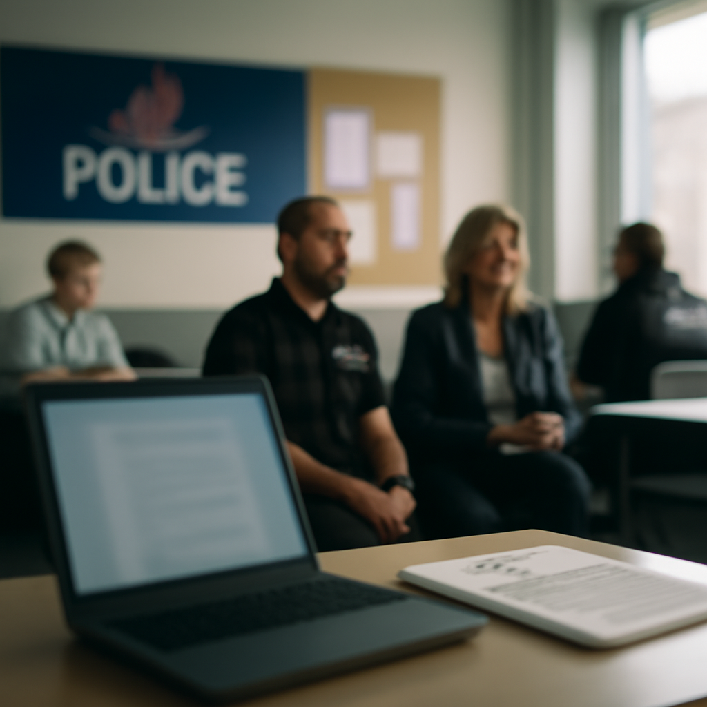 Blurred laptop screen on a desk in a UK police station with officers in the background.
