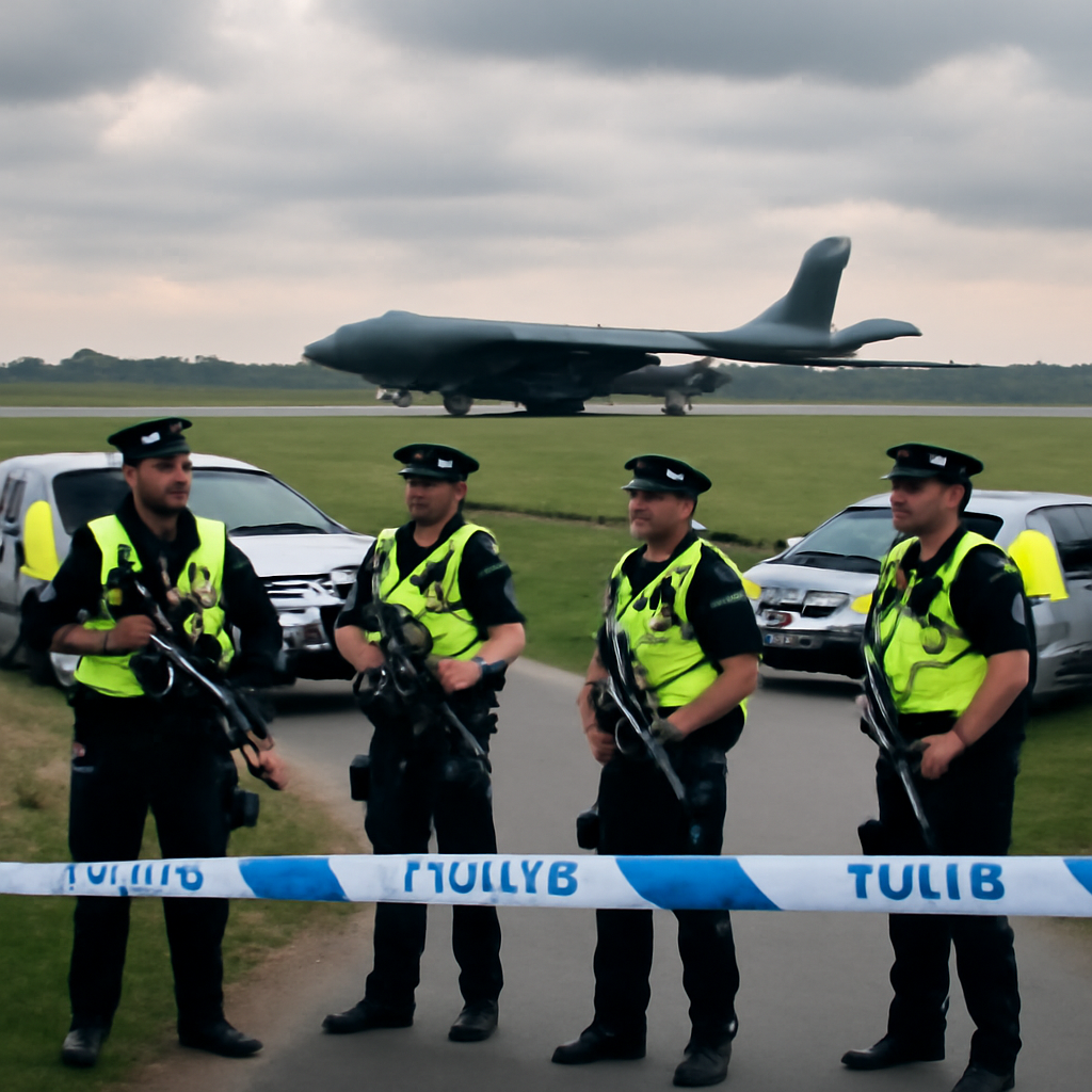Armed police officers stand near a cordoned area with police tape, with vehicles and a large aircraft visible in the…