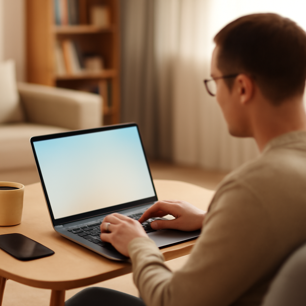 Person typing on laptop in home office with blurred face.