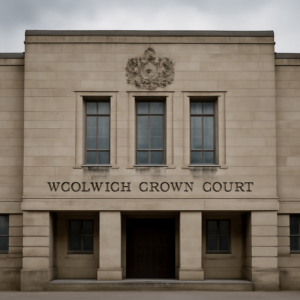 Formal facade of a British court building with a government emblem.