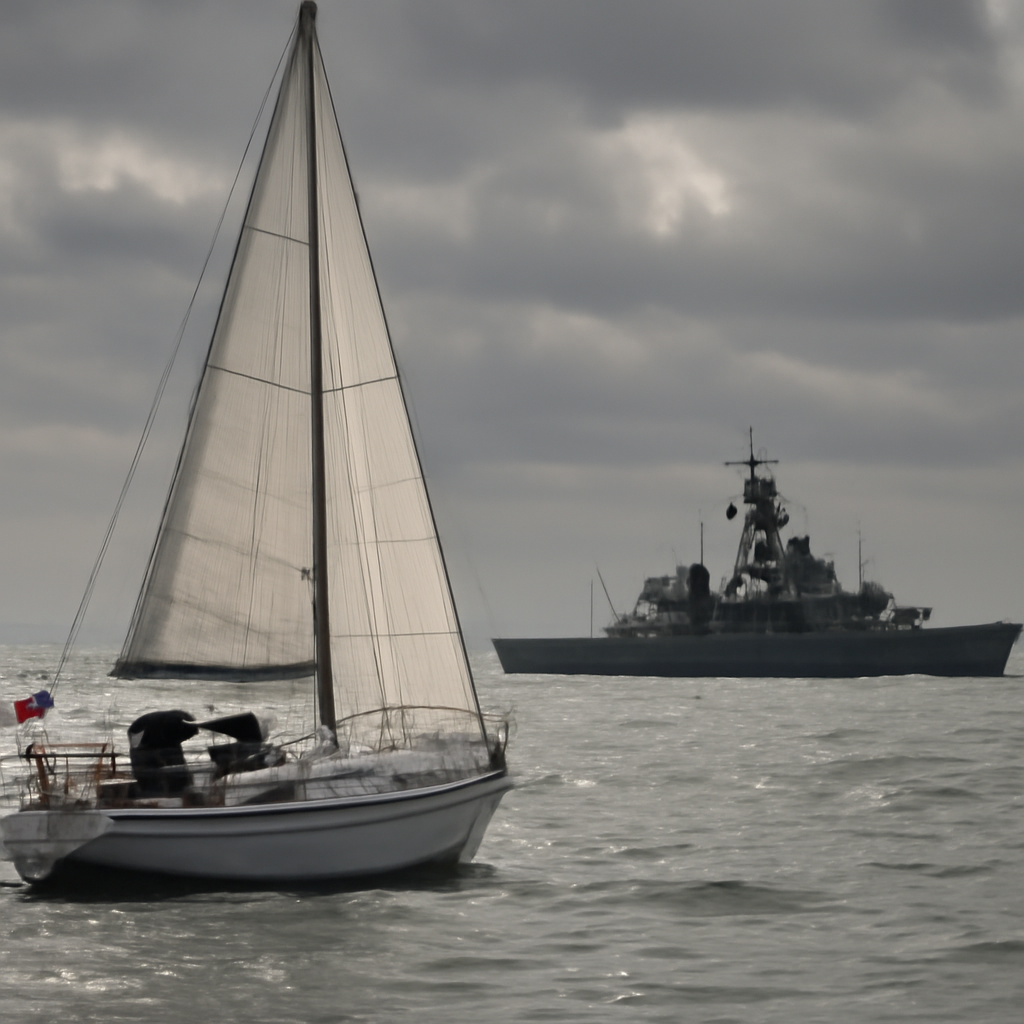 British-registered yacht sails in English Channel with Russian warship in distance under cloudy skies.