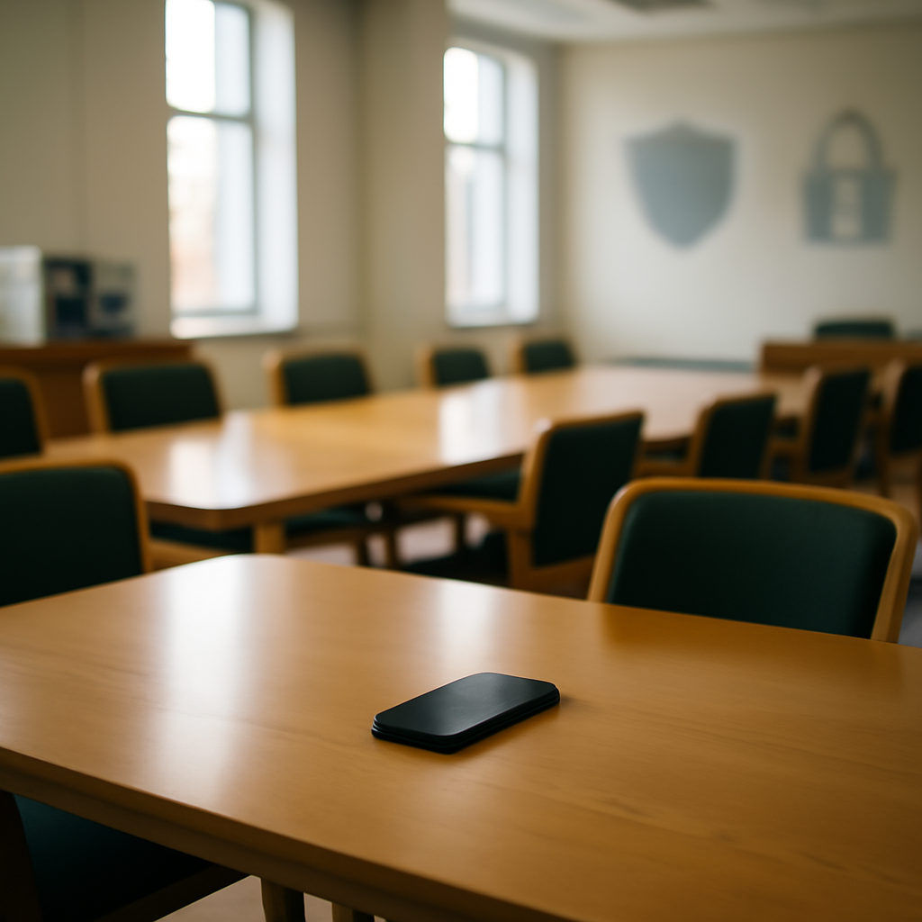 A conference room with a large wooden table and chairs, surrounded by tall windows and blurred office equipment.