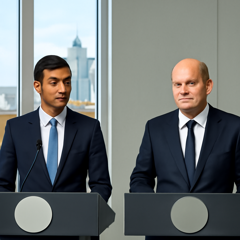 British and German leaders stand at a podium, addressing the press together.