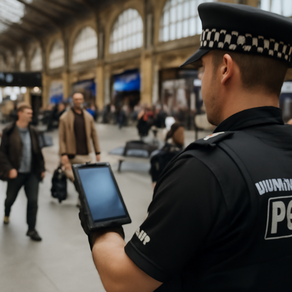 Police officer stands with facial recognition device at a busy British railway station.