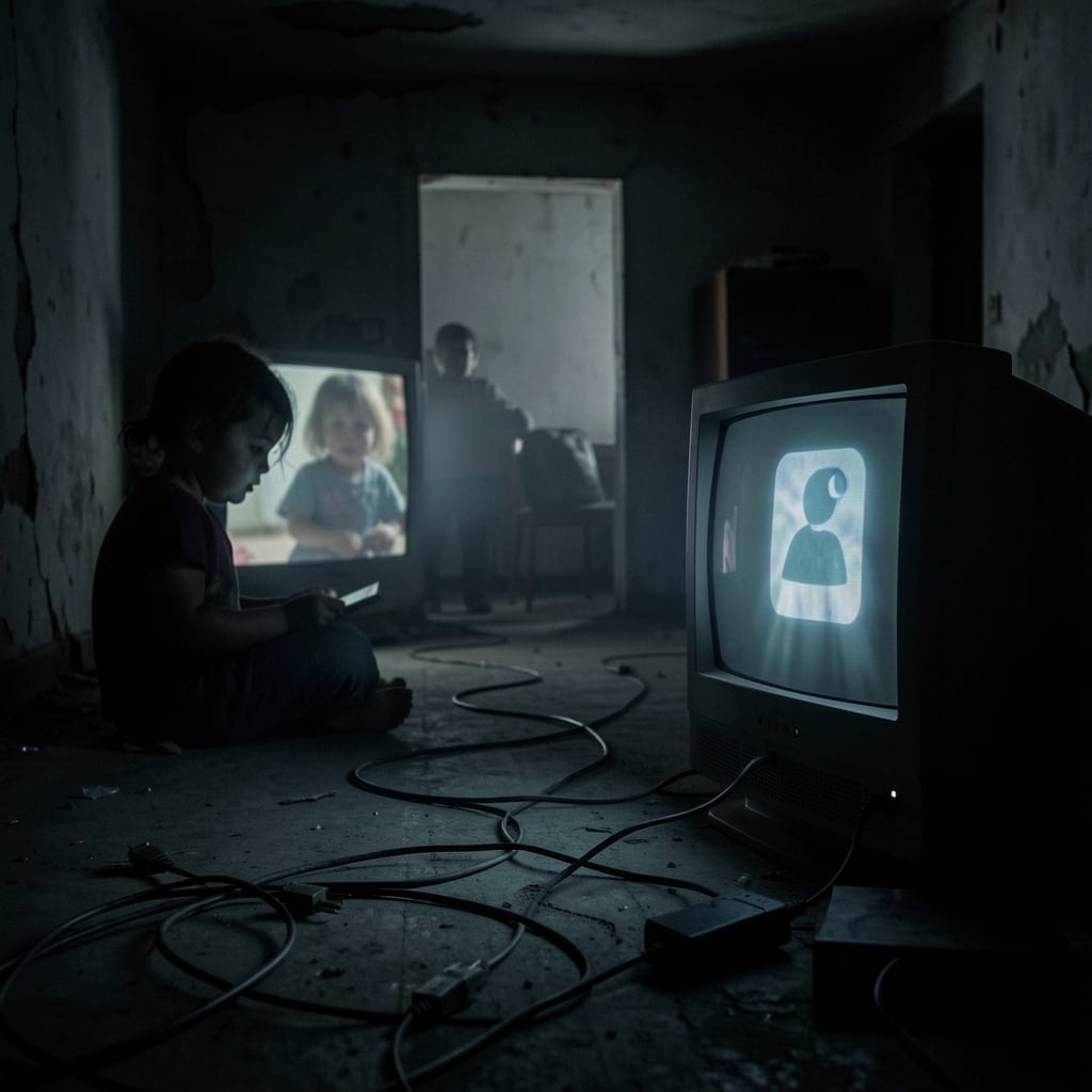 Dimly lit room with a lone computer screen casting eerie glow on a face, blurred child in background, and tangled internet…