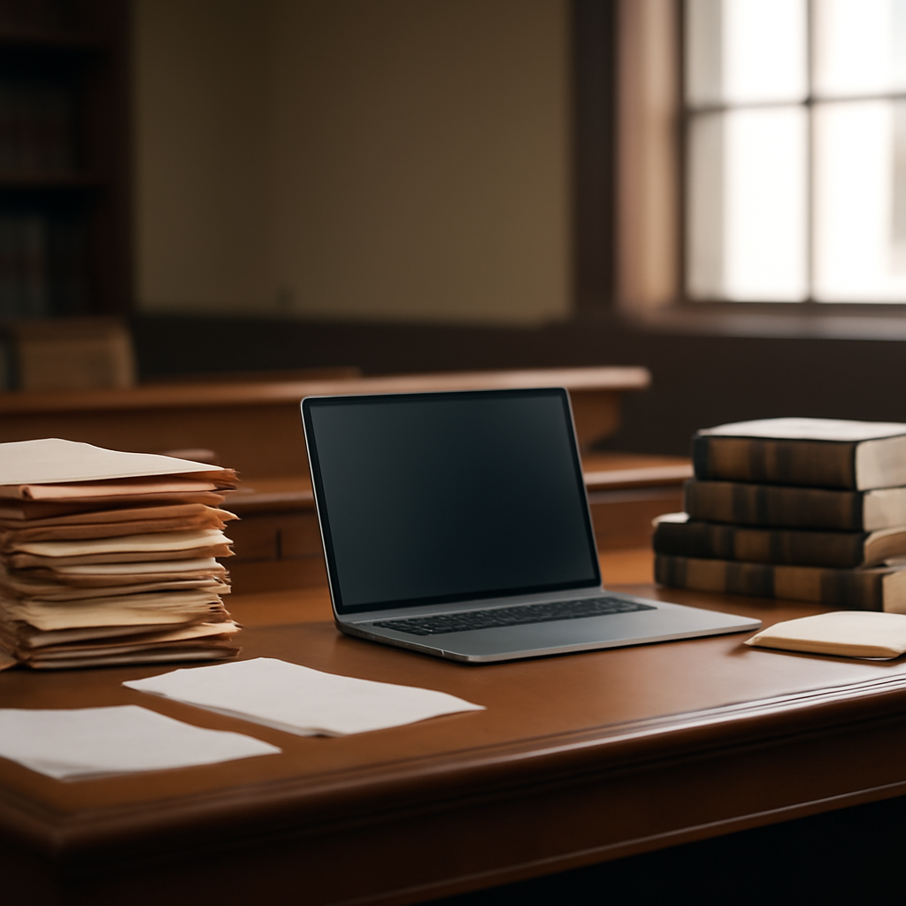 Lawyer's office with laptop, law books, and papers on a wooden desk.
