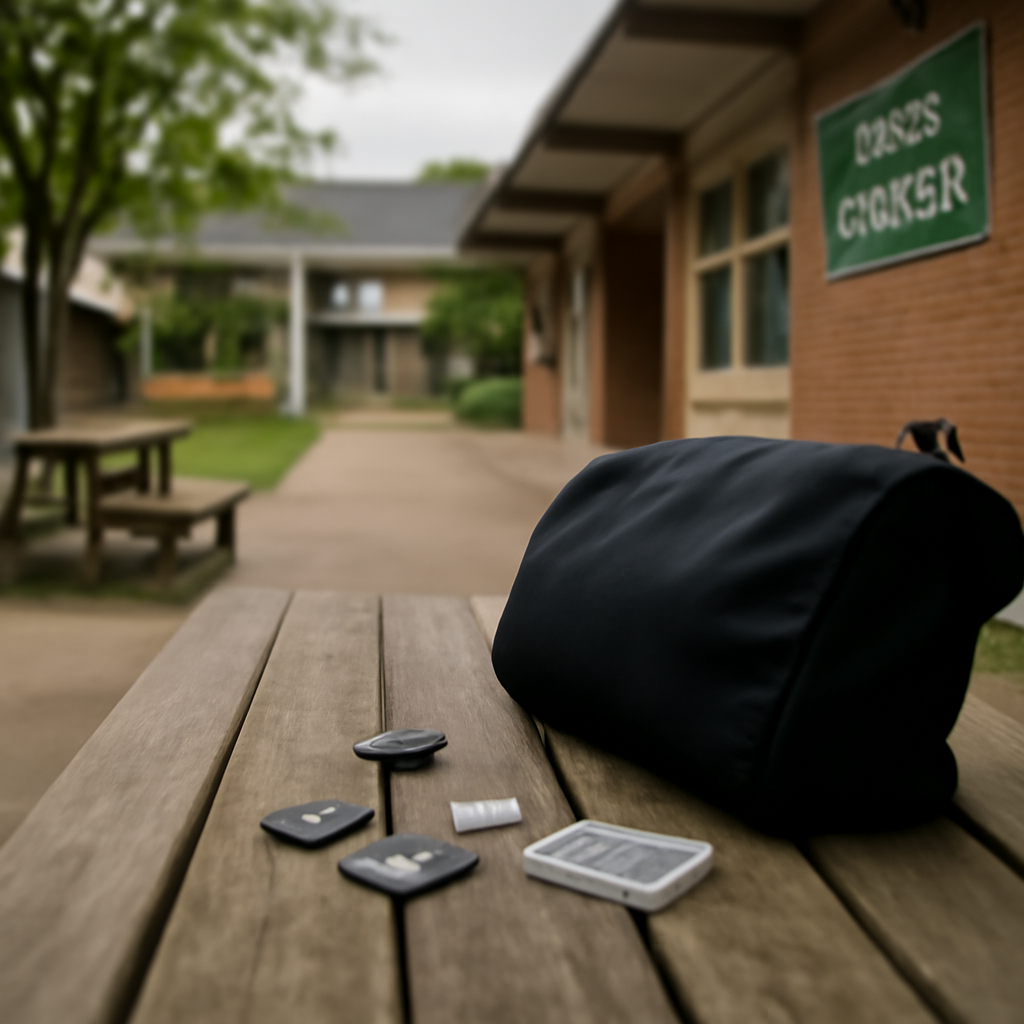 School outdoor area or corridor with photography setup, blurred camera in foreground.