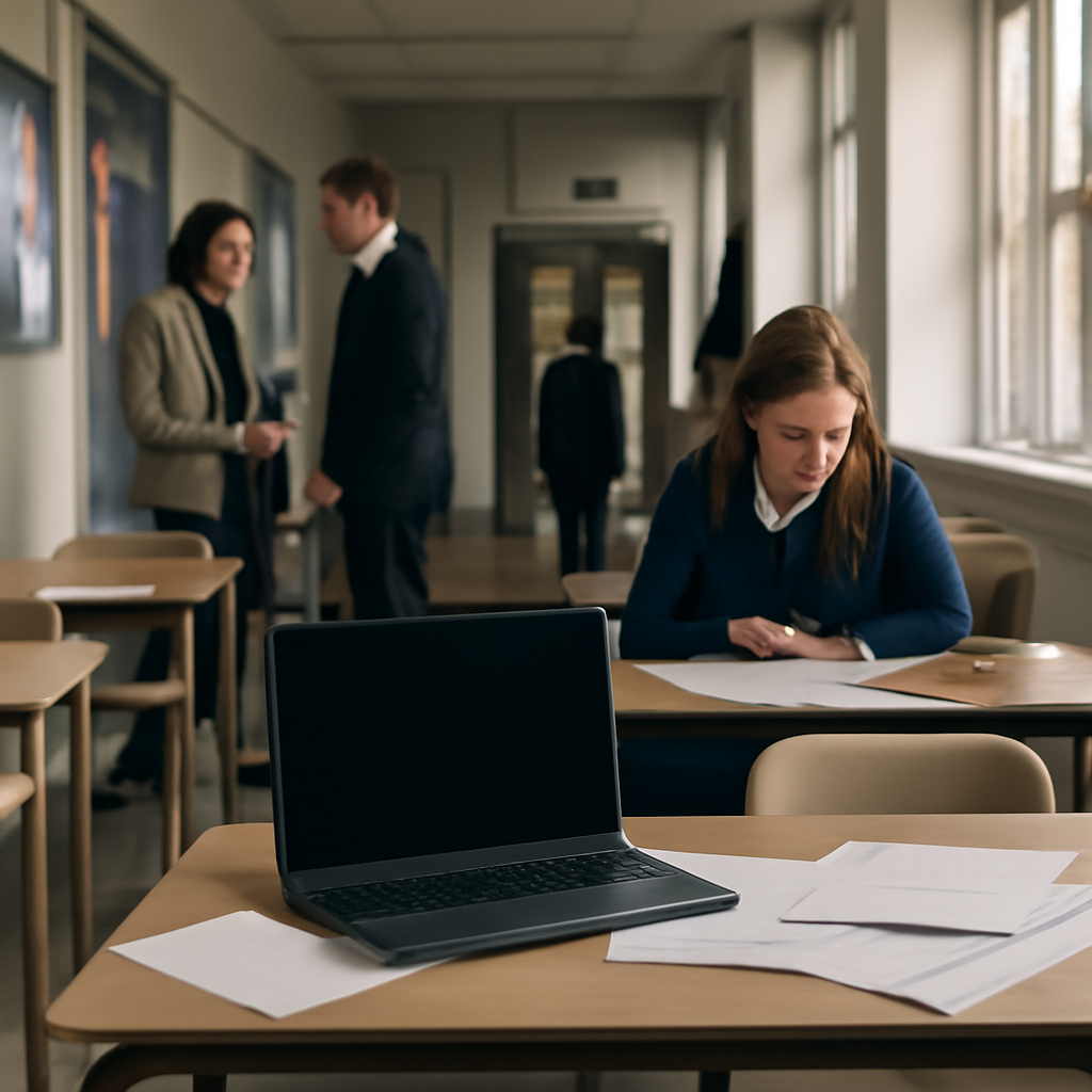 Students and teachers in a calm UK school setting with technology equipment nearby.