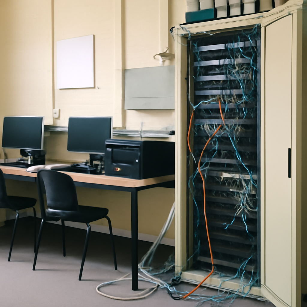 A computer lab with generic equipment and cables shows signs of neglect, with a slightly ajar cabinet and exposed wiring.