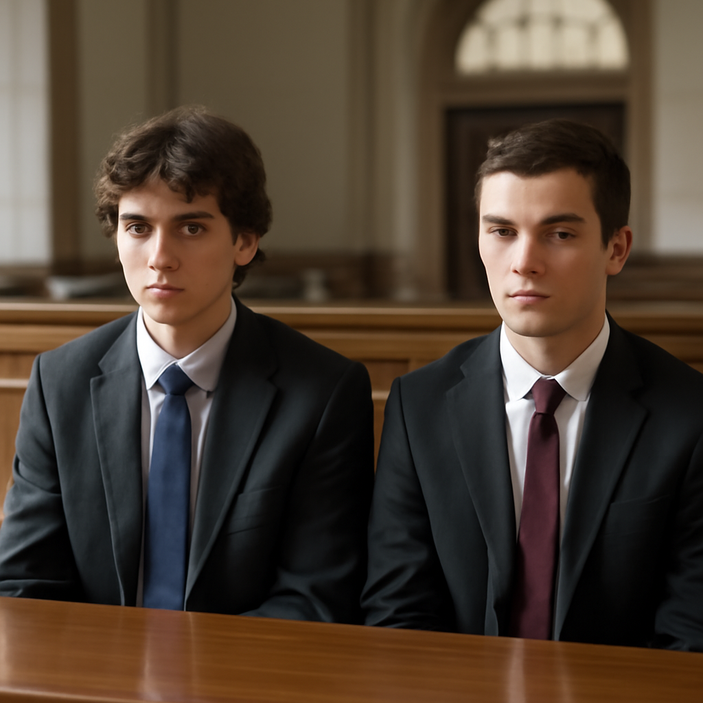 Two young male defendants sit in a courtroom, surrounded by institutional architecture under measured daylight.