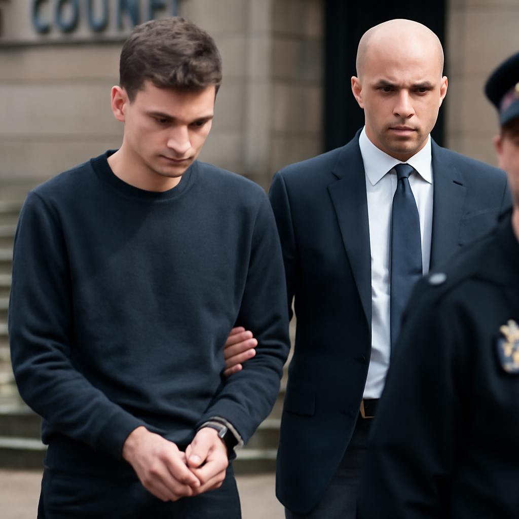 Handcuffed young men escorted by a stern-looking officer outside a UK courthouse.