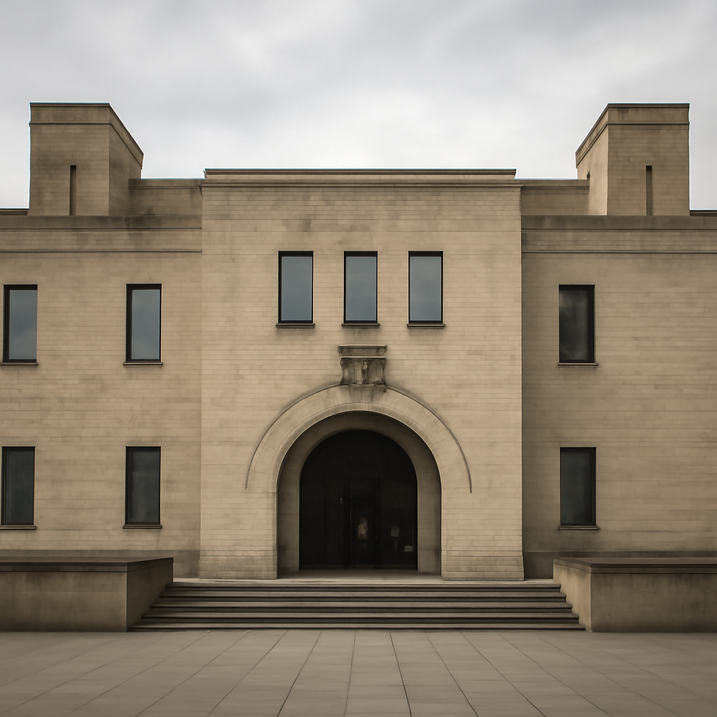 Woolwich Crown Court exterior with formal entrance and institutional architecture.