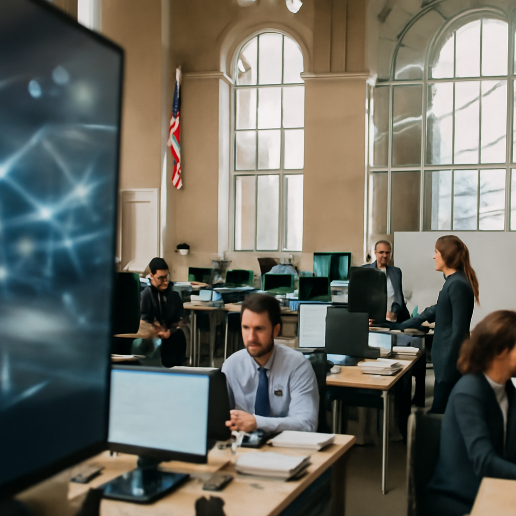 UK government officials work together in a modern, open-plan office setting.