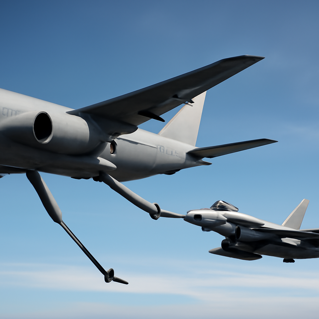 RAF tanker aircraft refueling a fighter jet via flying boom system against a blue sky.