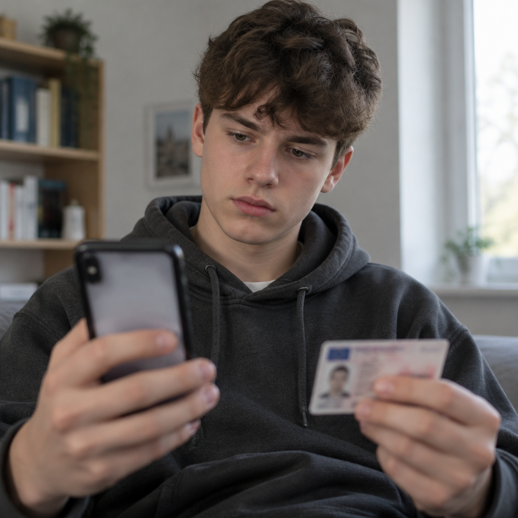 Teenager holds smartphone and photo ID in neutral-colored room.