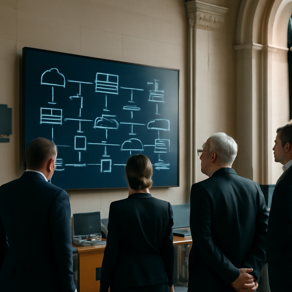 Officials in formal attire gather around a large screen displaying a network diagram in a government agency headquarters…