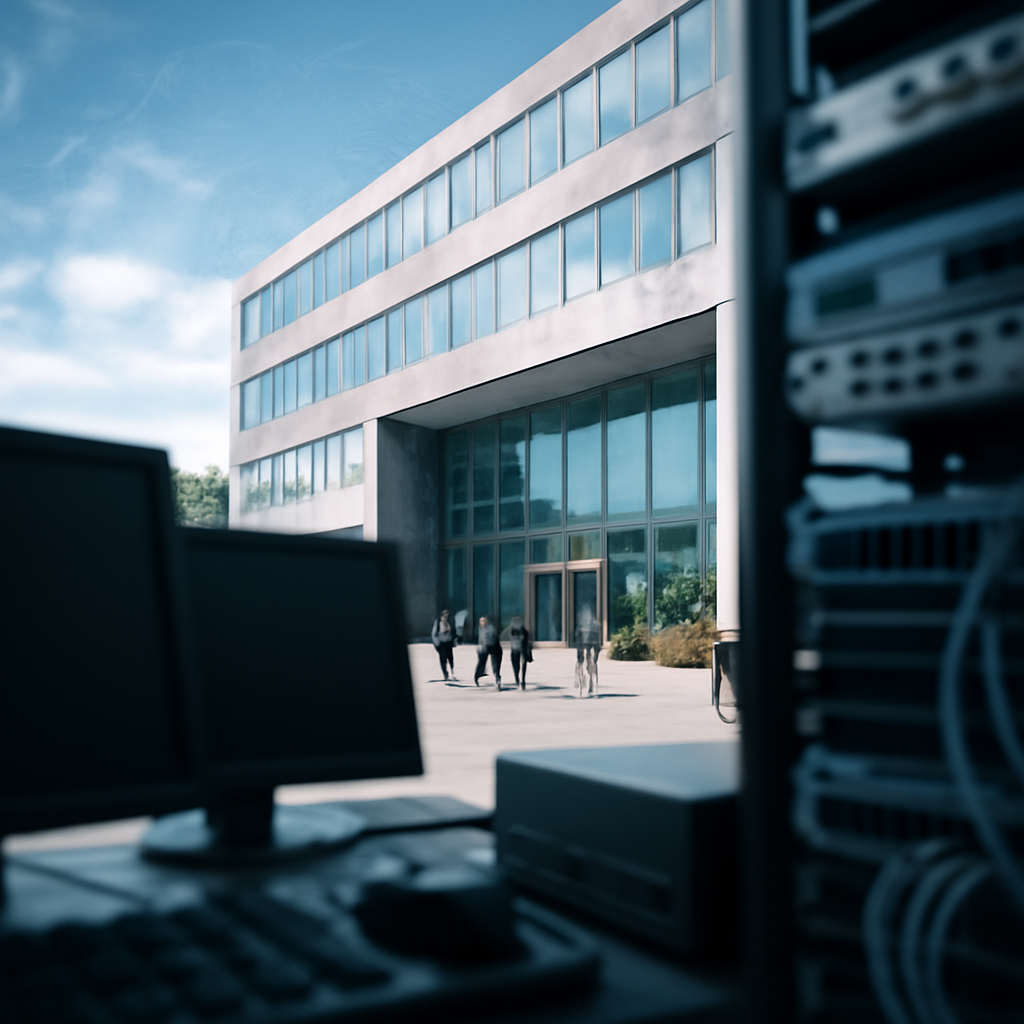 Modern tech company HQ with blurred computer screens and subtle global network hints in background.