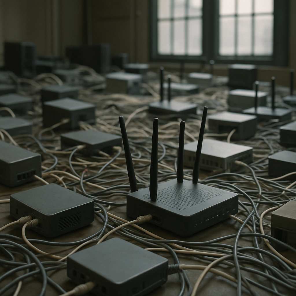 Interconnected devices in a dimly lit server room with daylight visible through tall windows.