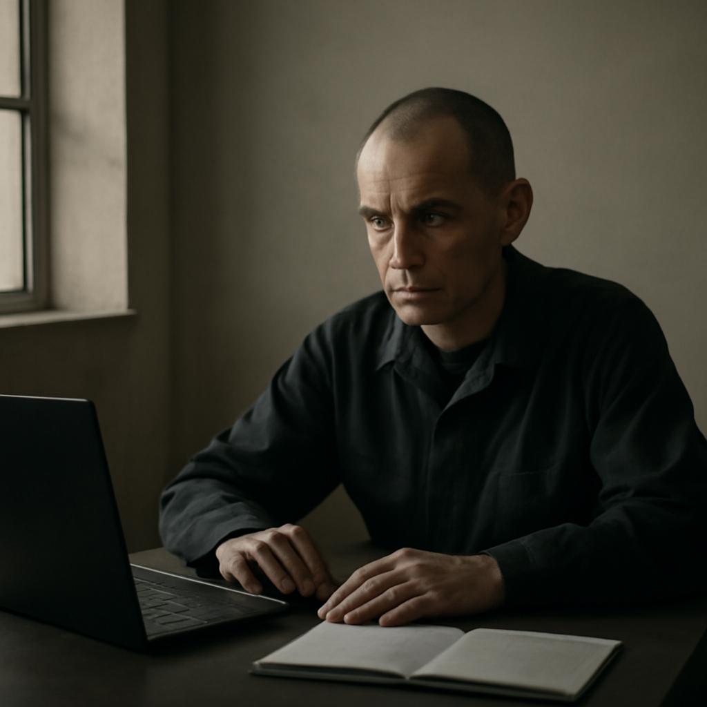 Person sits at desk with laptop and notebook in quiet, well-lit room with blurred screen and papers.