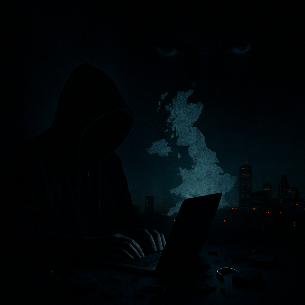 Hooded figure in shadows works on laptop amidst broken locks and UK map glow.