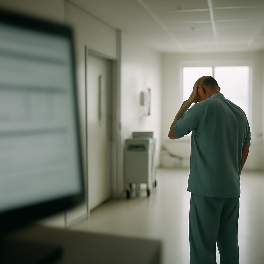 Healthcare worker standing near medical equipment with blurred records in foreground.