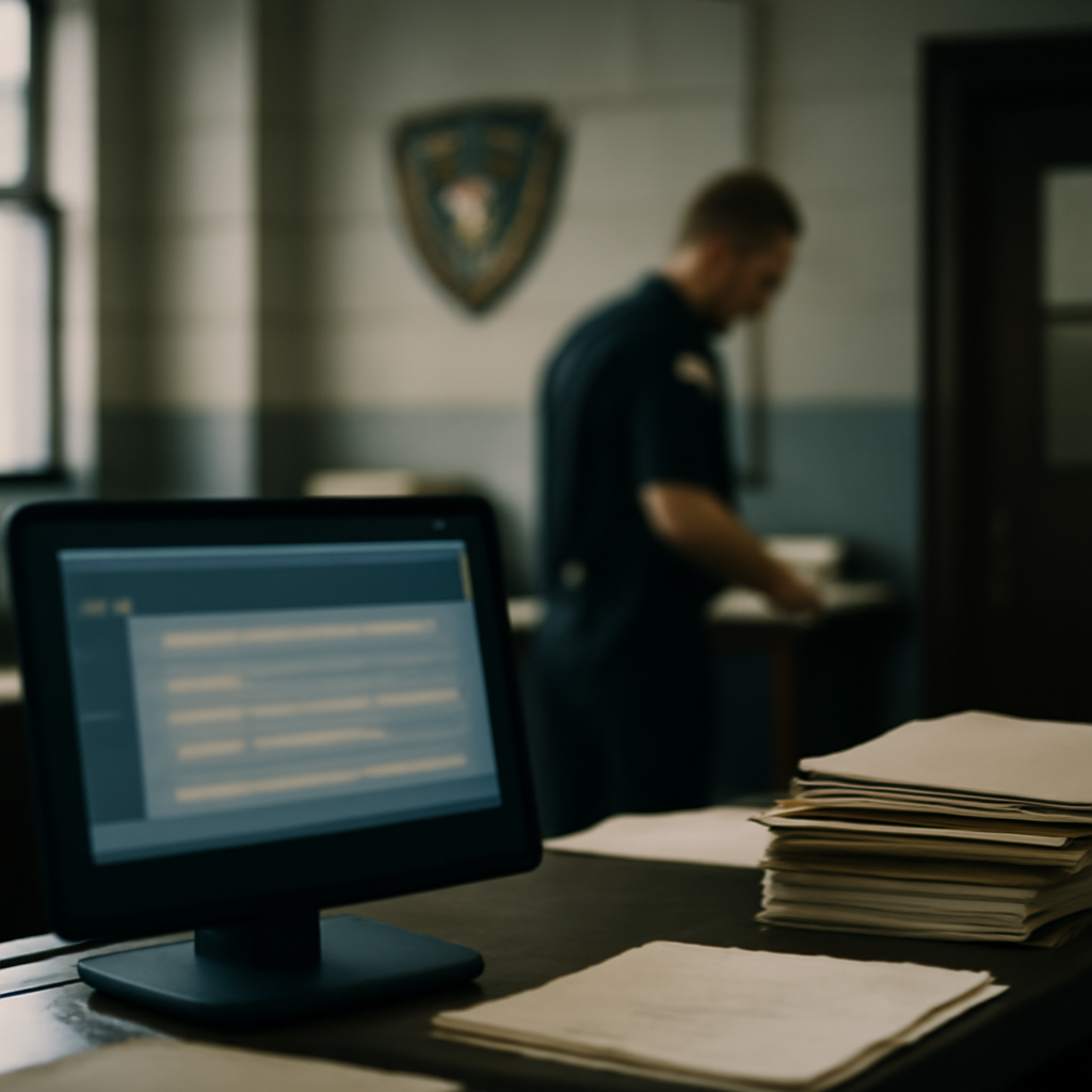 Formal office setting with blurred computer screen on desk amidst papers and files, with government building in background.
