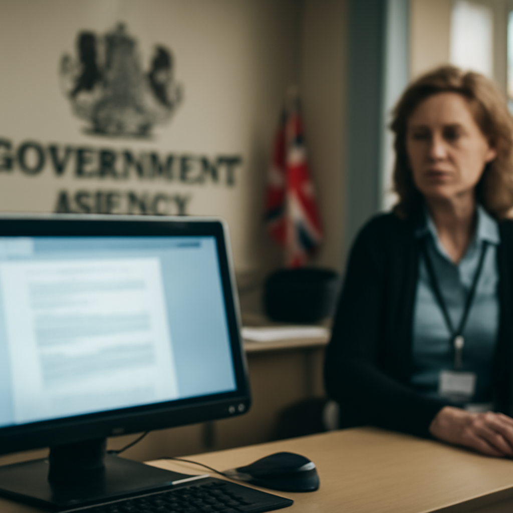 Government agency office interior with blurred computer screen and UK flag in background.
