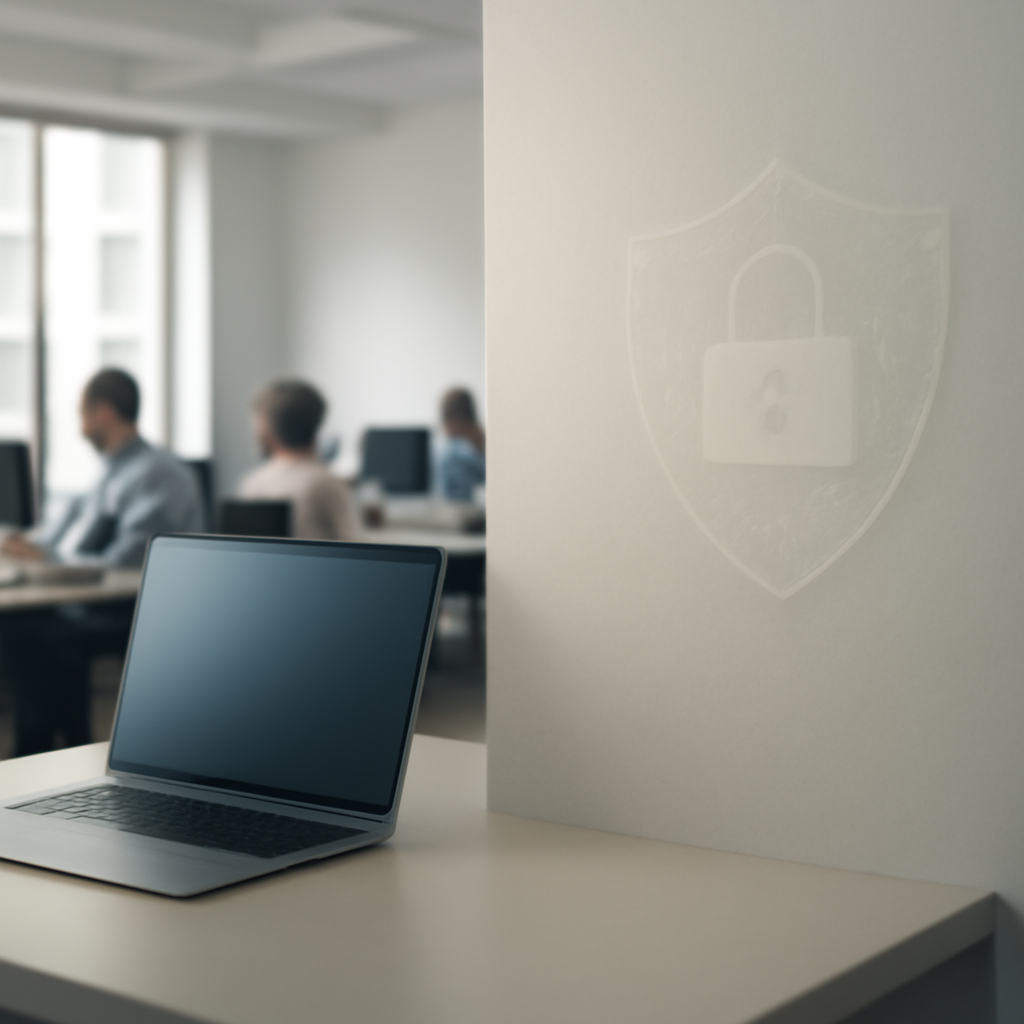 Modern office interior with laptop and blurred screen near a window.