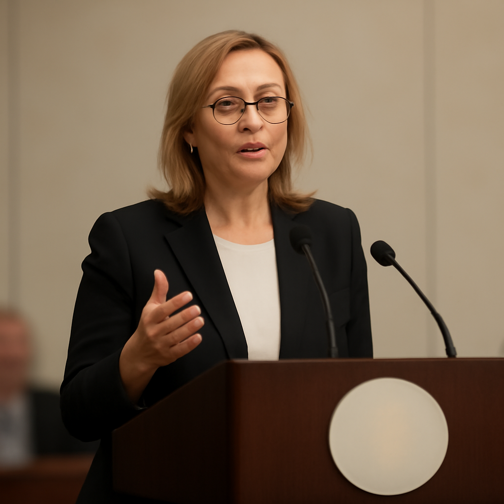 Woman stands near a podium with a circular plaque in a formal conference setting.