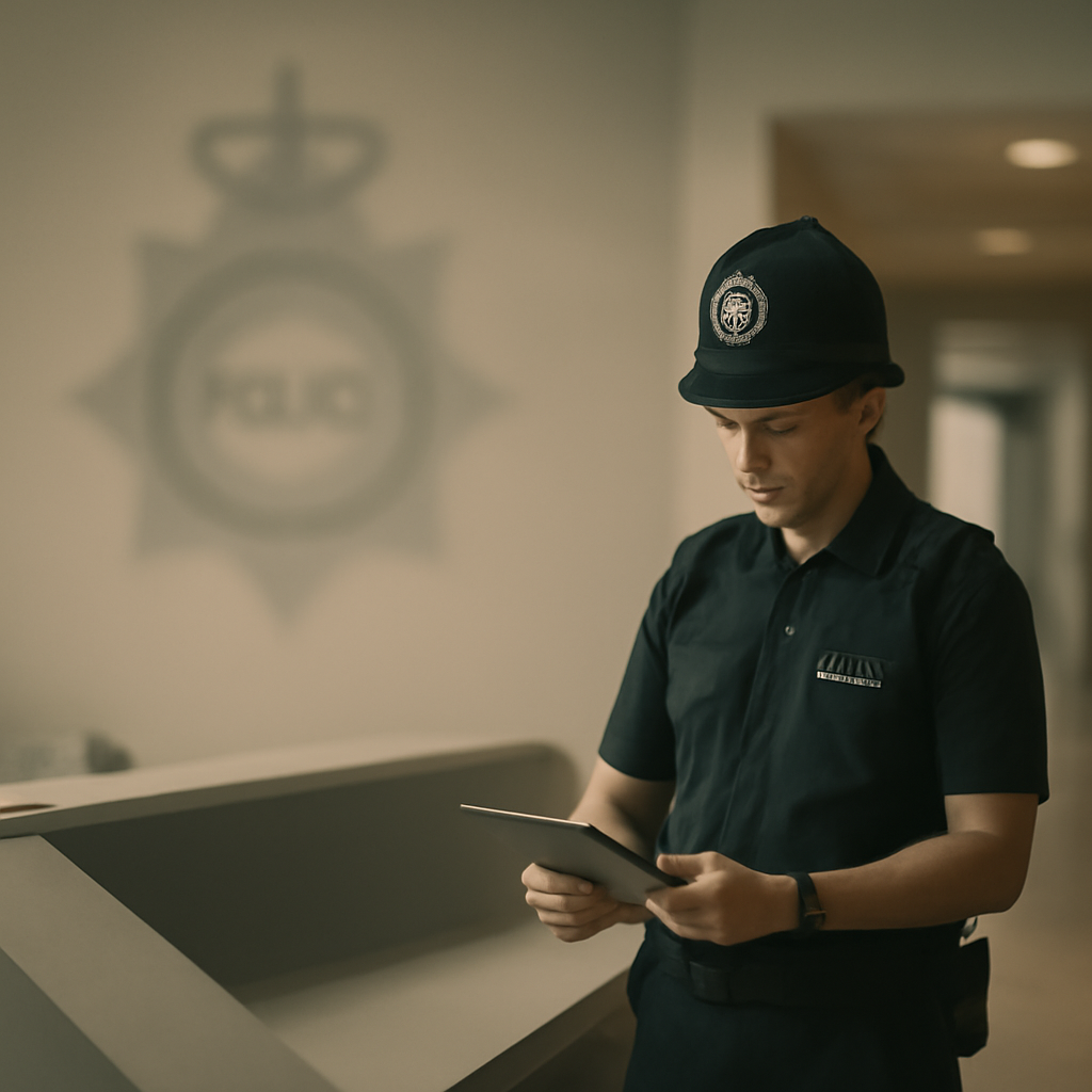 Police officer stands at console in station, reviewing data on paper or tablet.