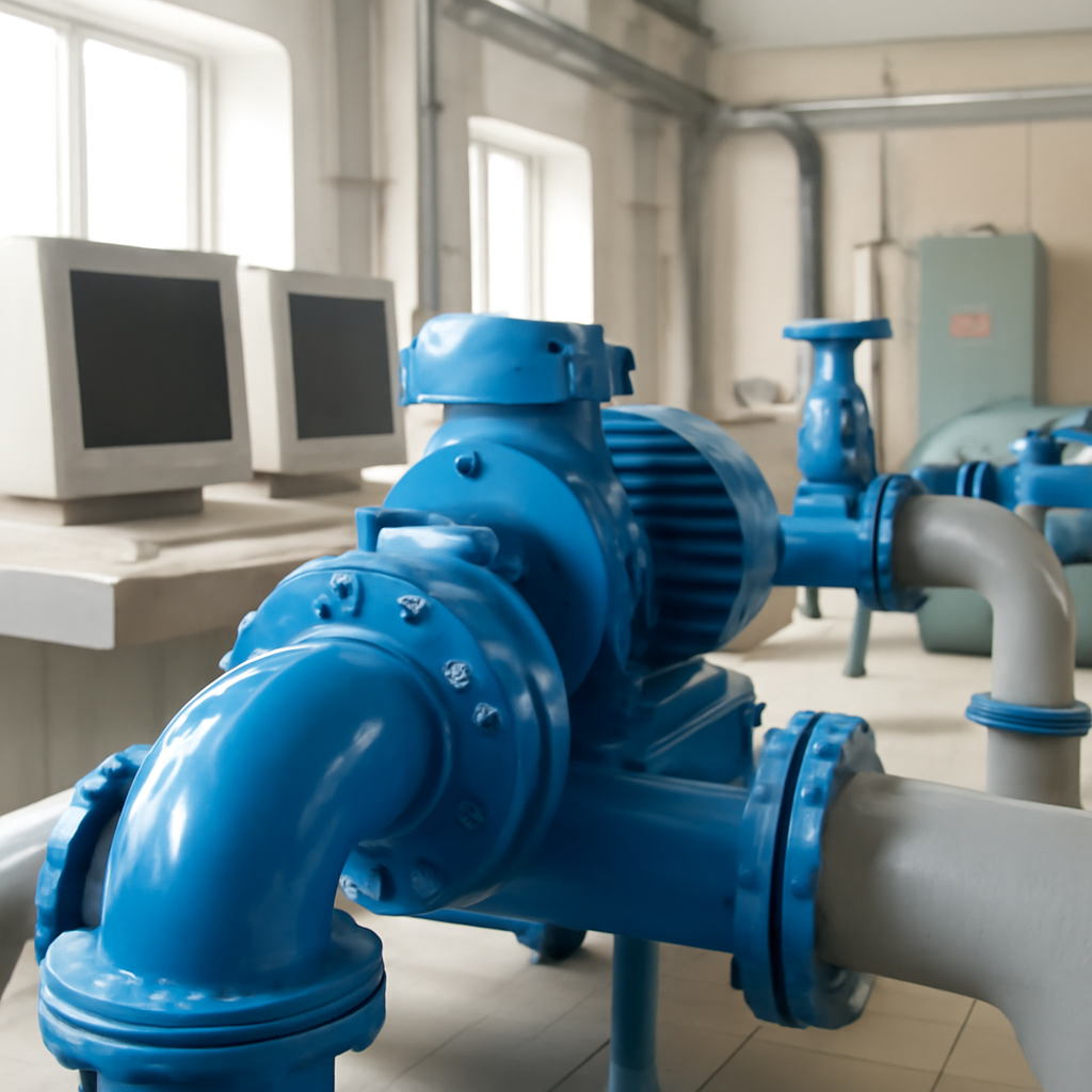 Water utility industrial setting with computer systems in background.