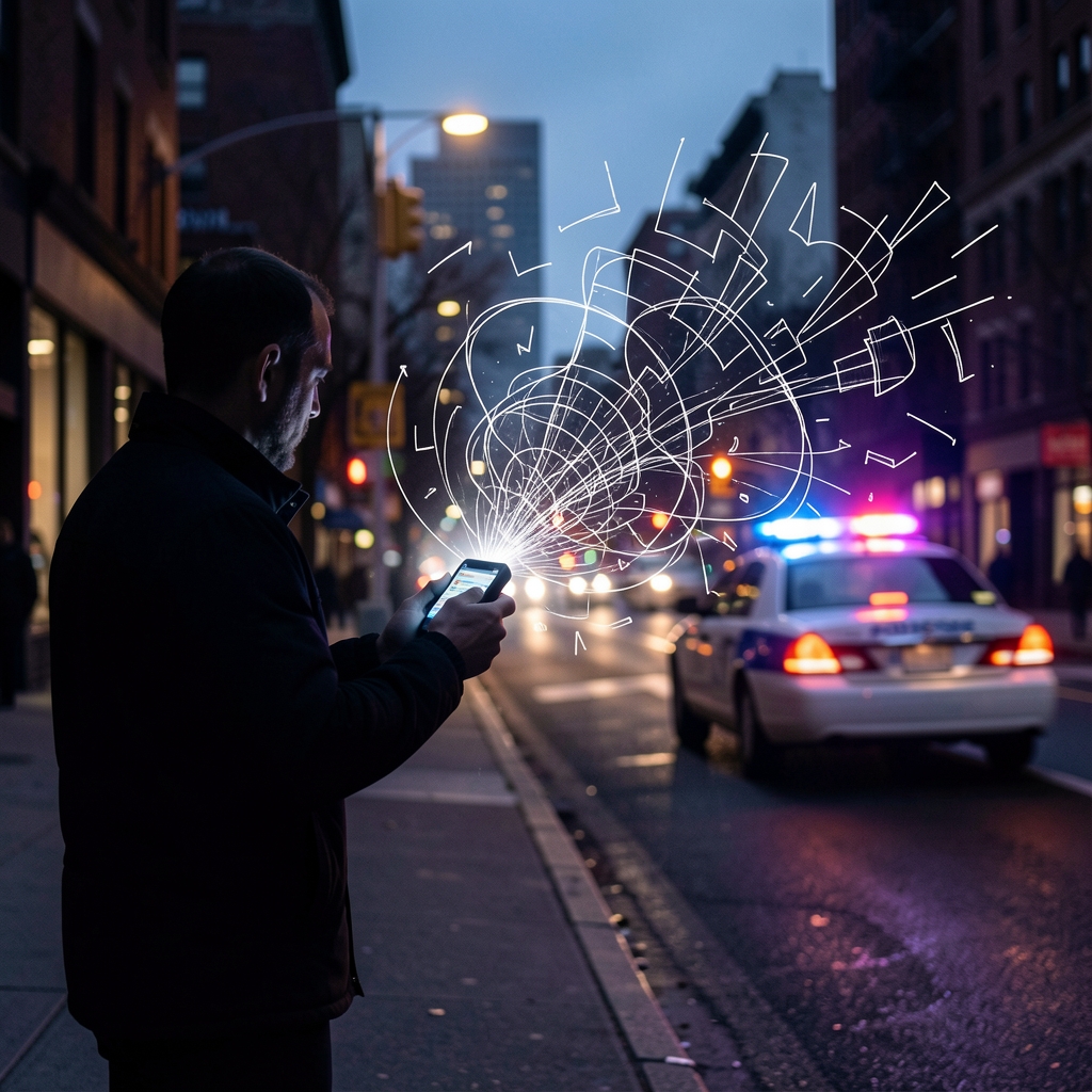 Lone figure in shadows holds device emitting disrupted radio waves as police car speeds by.