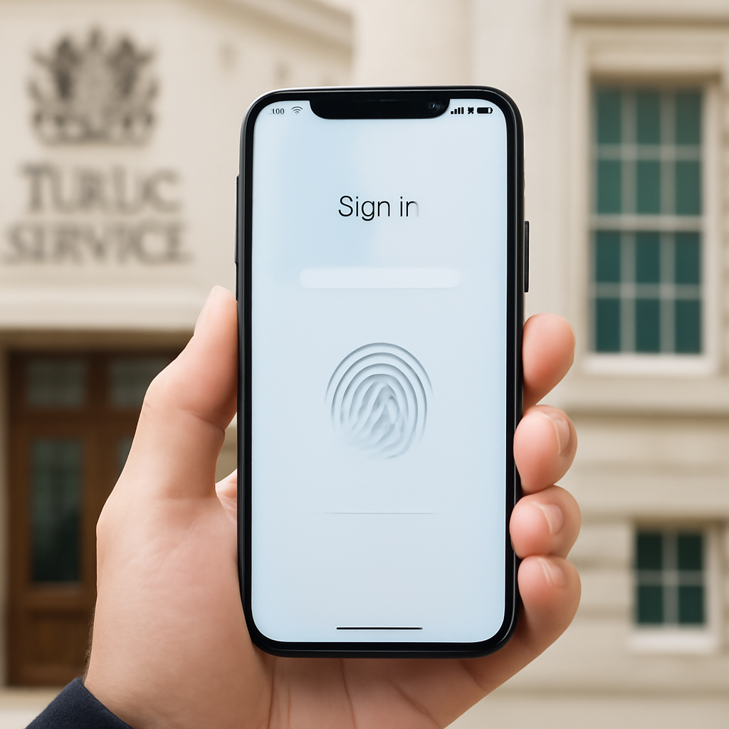 Person holding smartphone with biometric login in front of blurred UK government office background.