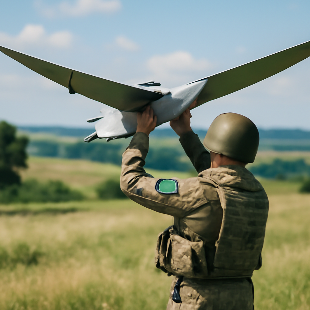 Ukrainian soldier holds futuristic drone in a field with rolling hills.