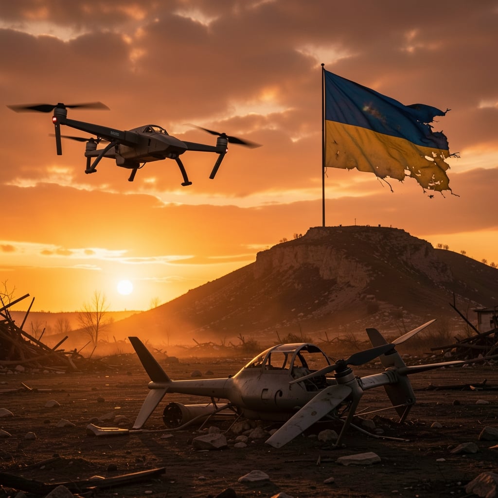 Ukrainian drone flies over war-torn landscape with destroyed Russian drone in foreground and flag waving in distance.
