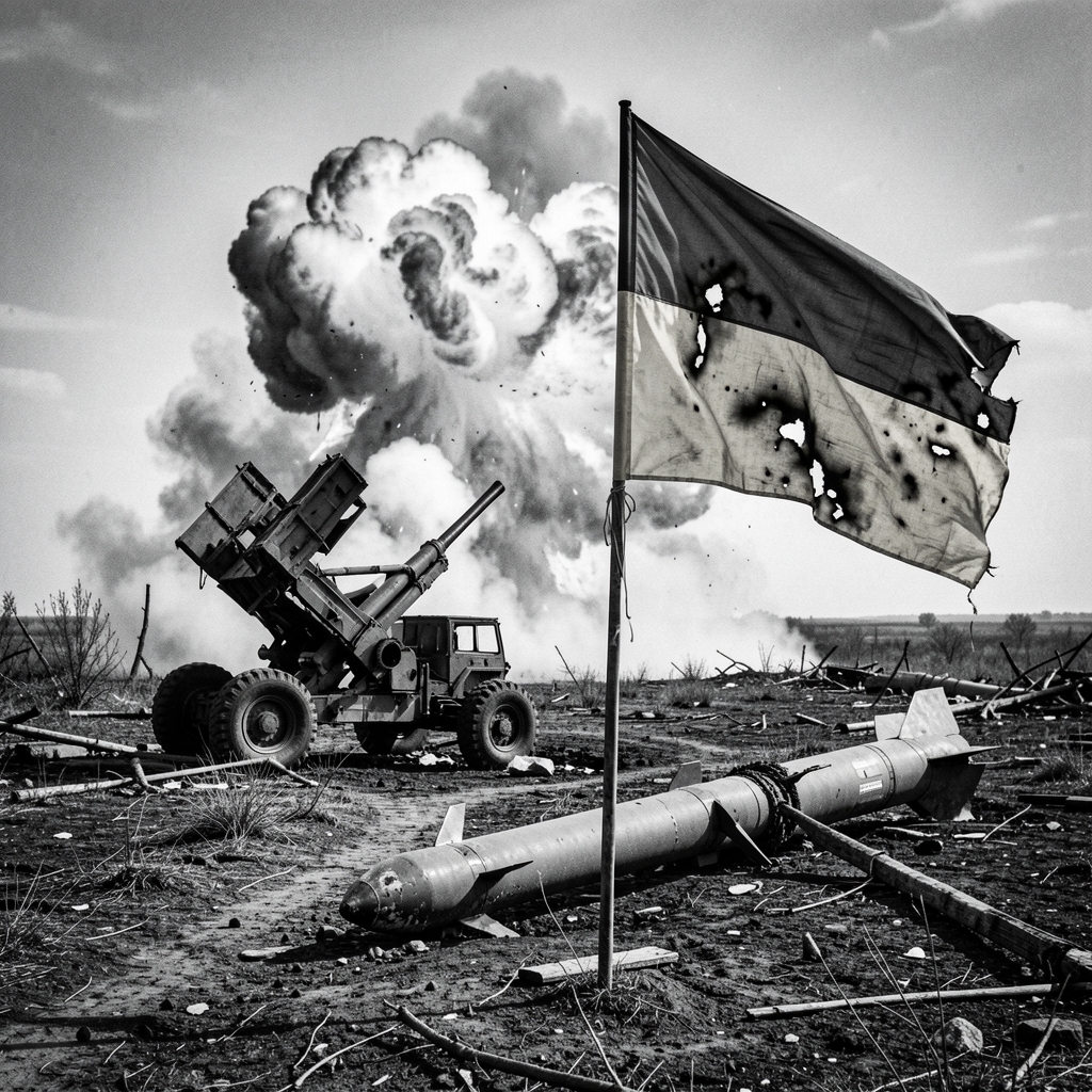 Destroyed Russian missile launcher with explosion in background, Ukrainian flag waving defiantly nearby.