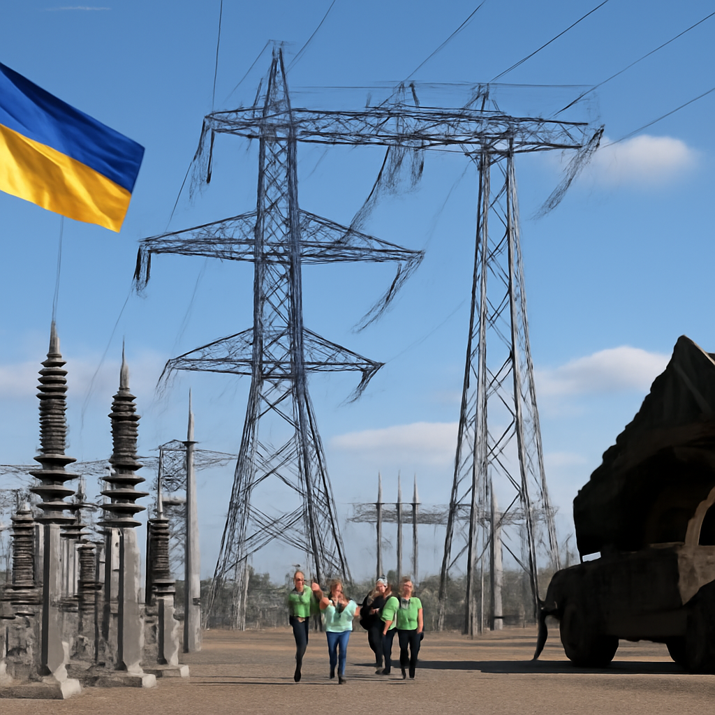 Ukrainian power substation with workers in distance under clear blue sky.