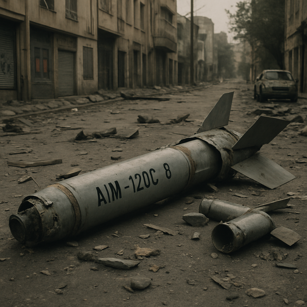 Scattered missile wreckage labeled AIM-120C-8 on a damaged urban street with buildings and debris in the background.