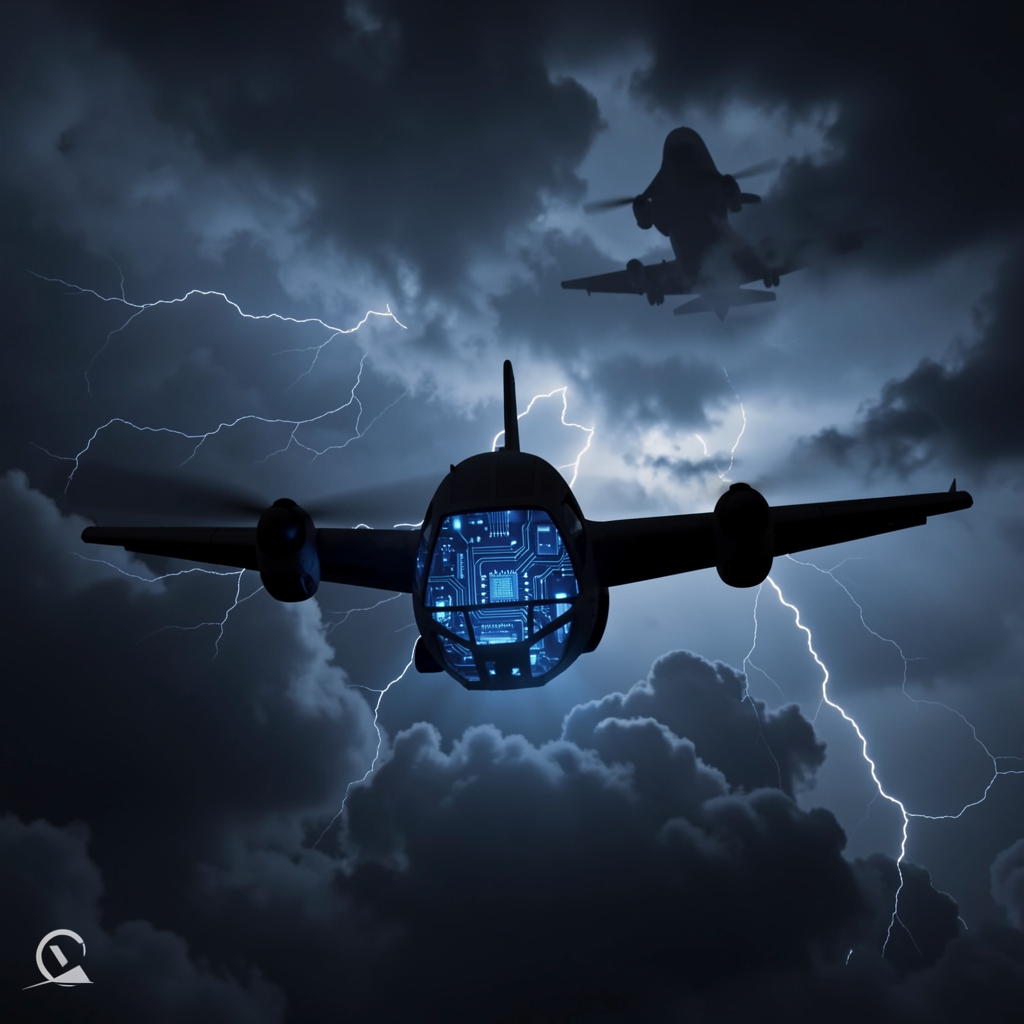 Drone with glowing blue circuit board flies towards bomber aircraft through stormy sky with lightning.