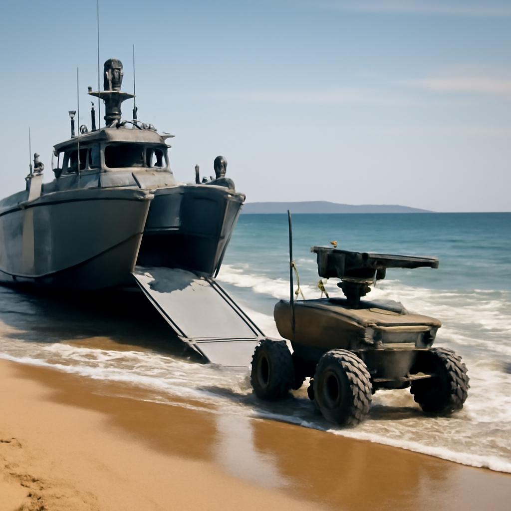 Armed robot drives ashore from drone boat on beach.