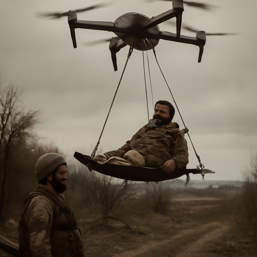 Wounded soldier being airlifted to safety by drone in rural Ukraine landscape.