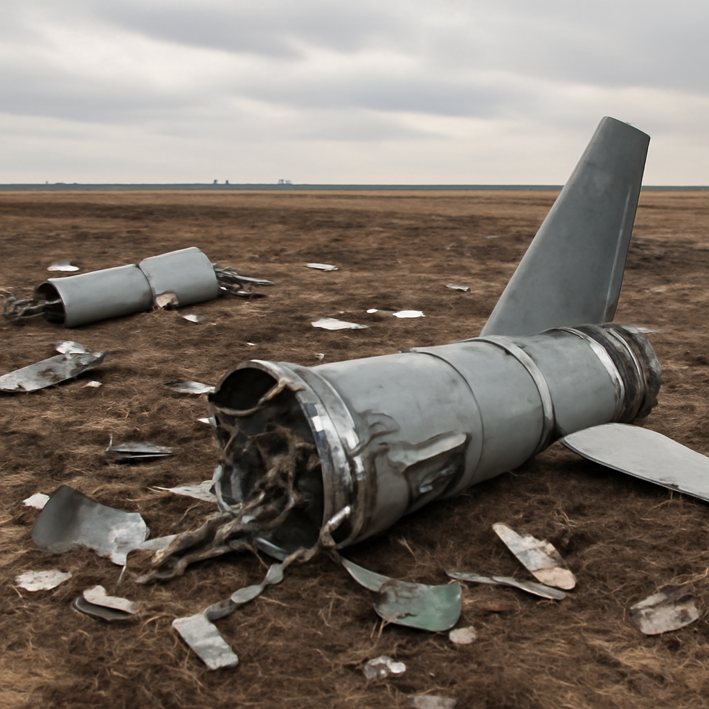 Damaged cruise missile wreckage scattered across a rural field.