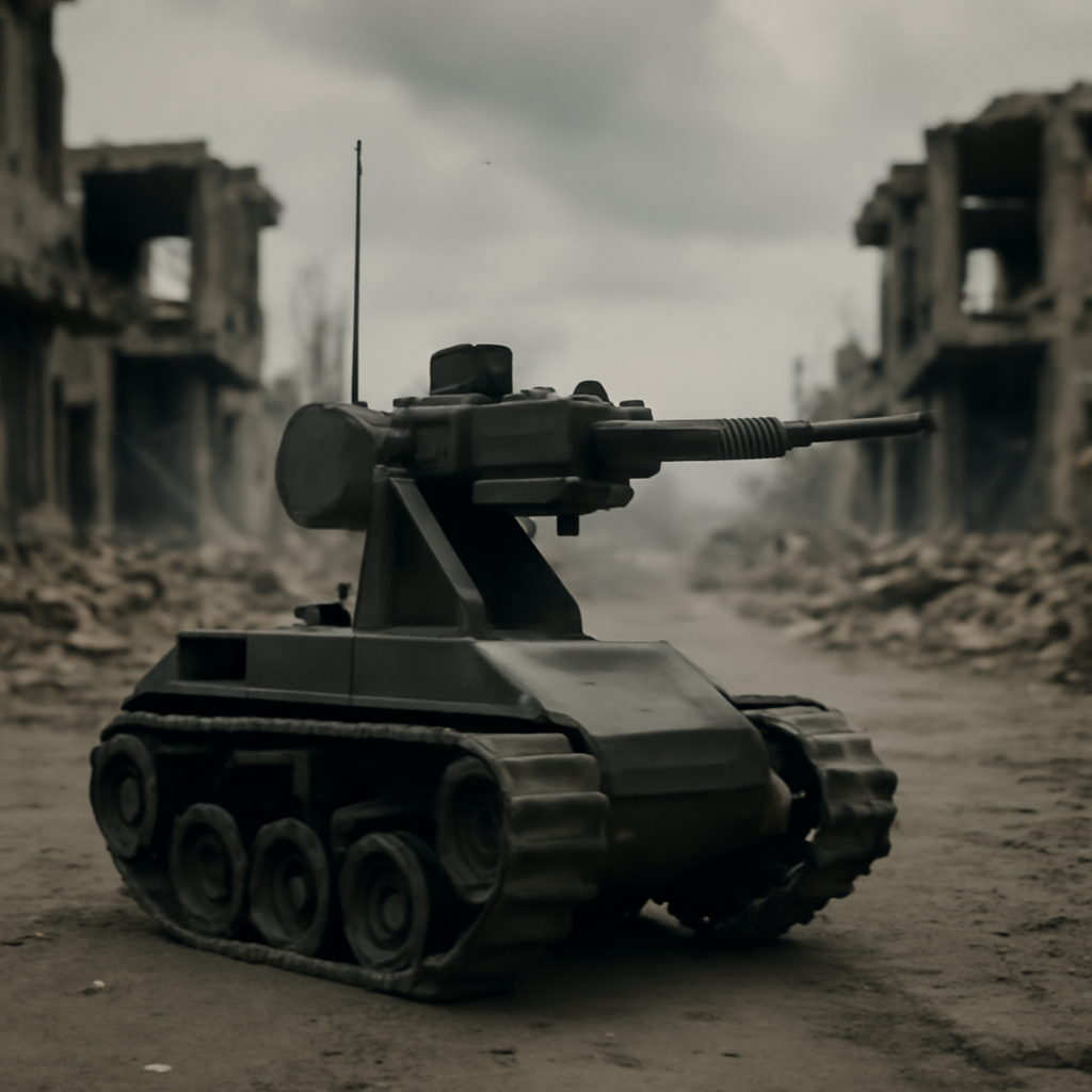 Remote-controlled ground combat robot with machine gun at war-torn intersection.