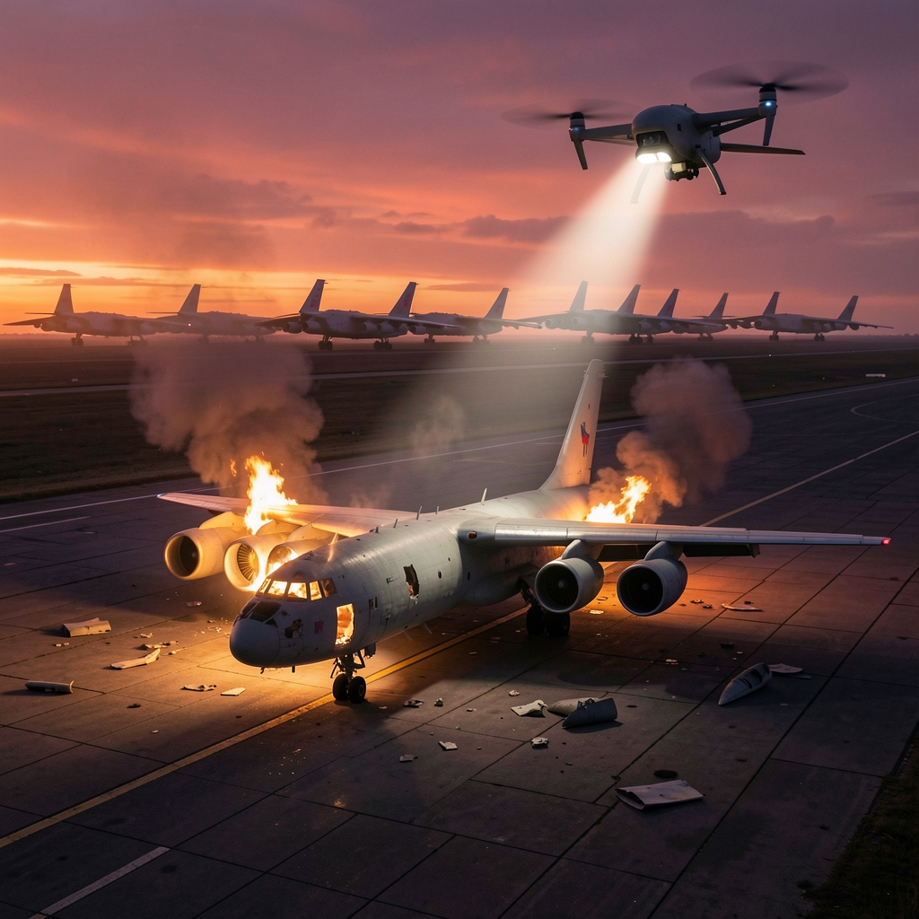 Damaged Russian bomber on a runway with smoke and flames, Ukrainian drone hovering nearby with spotlight beam.
