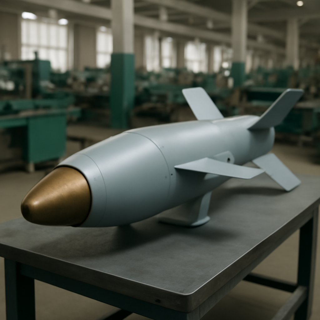 Ukrainian-made glide bomb on a workbench in a workshop.