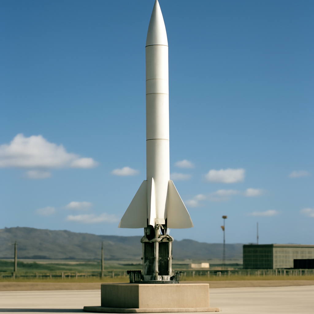Missile on a launchpad with a neutral-colored testing fixture in a daytime setting.