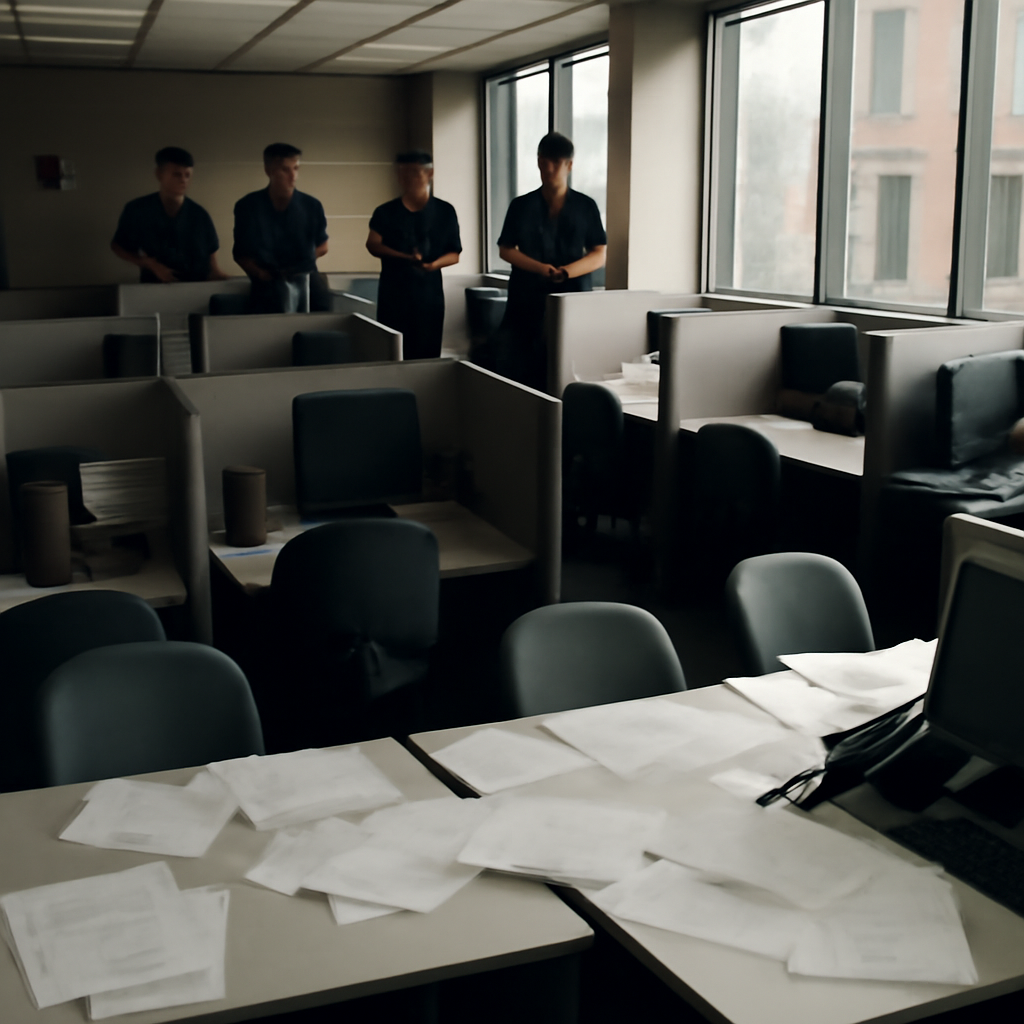 Law enforcement officers survey an abandoned call center with scattered papers and equipment.