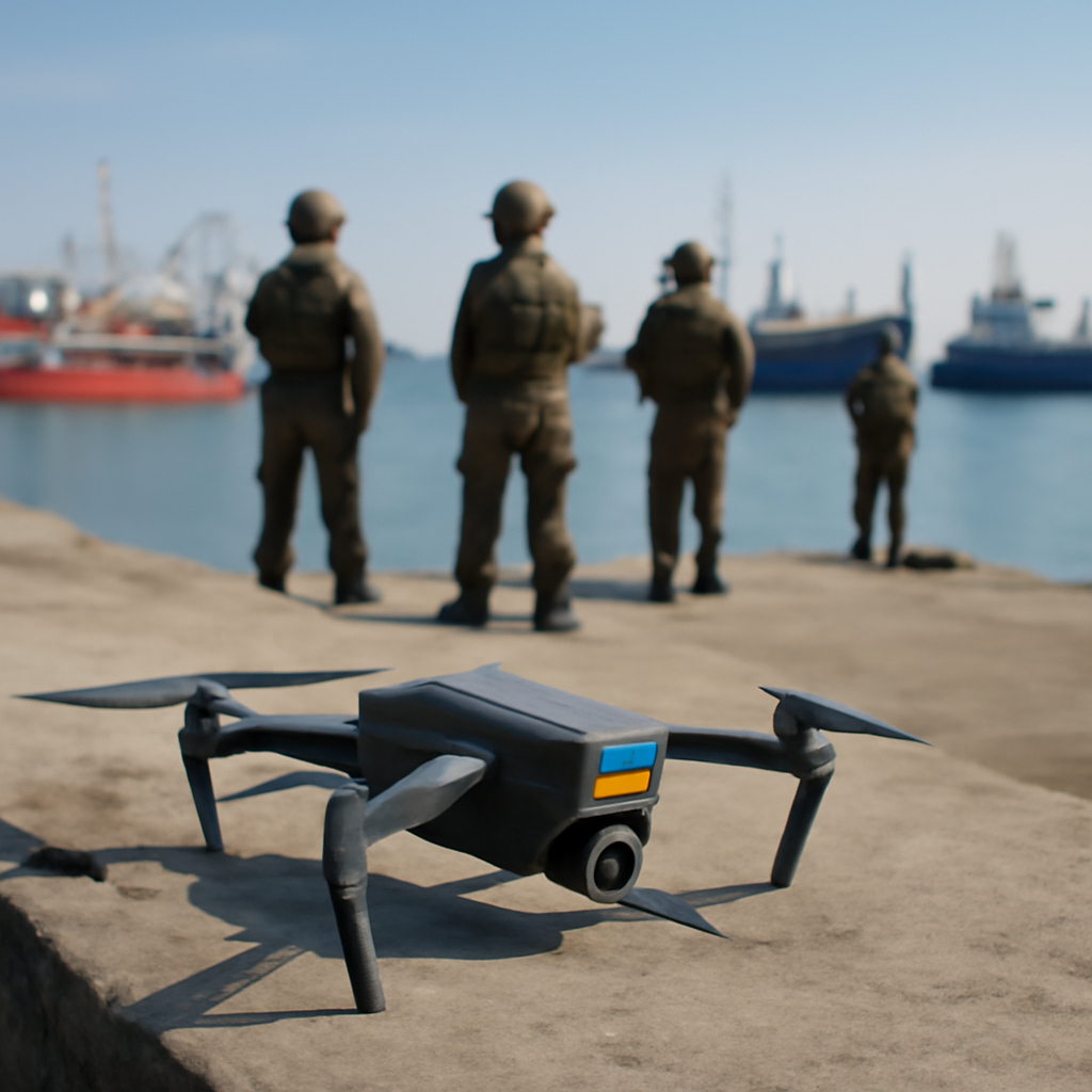 Ukrainian military drone on a dock with personnel and ships in the background.
